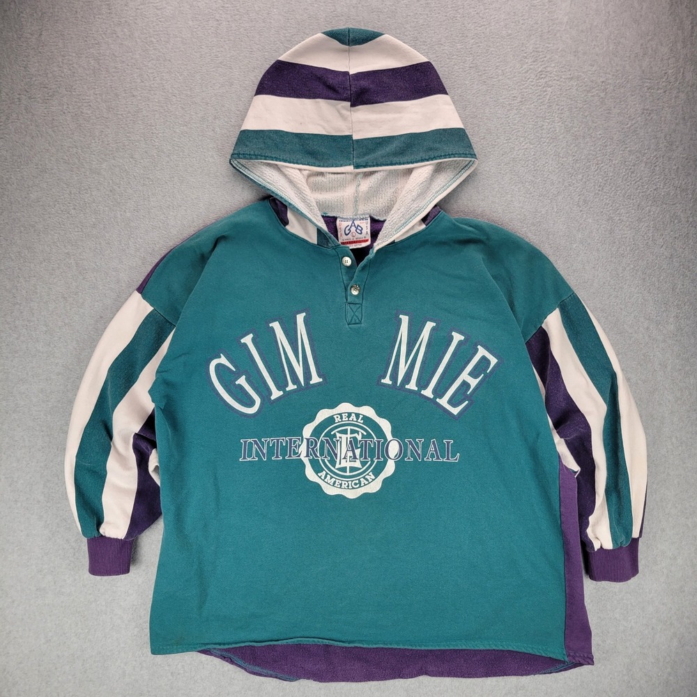 Gimmie-A-Break Hoodie Mens Large Teal‎ Purple Striped 90s Vintage Henley USA